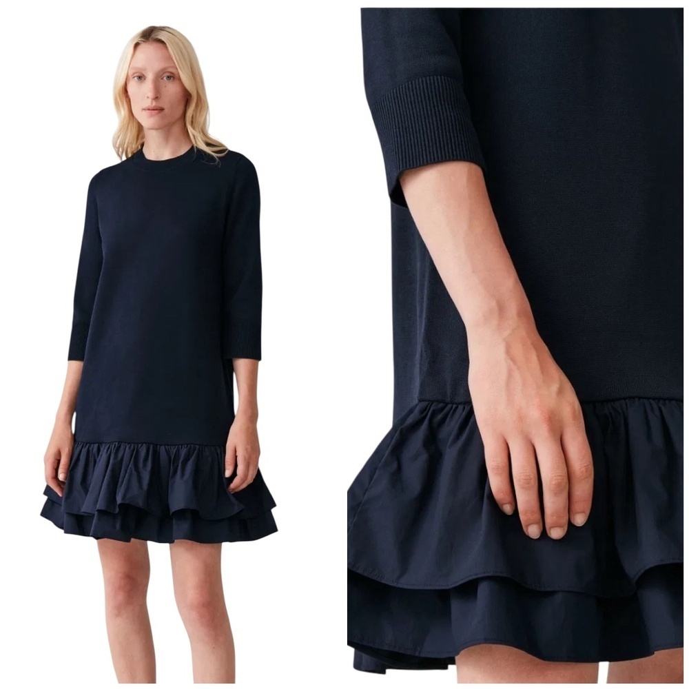 COS KNITTED DRESS WOVEN PLEATS 3/4 SLEEVE PULL ON MODERN PREPPY CONTEMPORARY XS